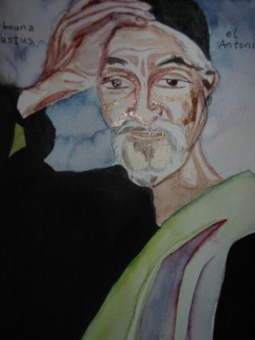 Abouna Yustus, 2002, watercolor on paper, 9"x10", Art by Caroline Z. Marcos