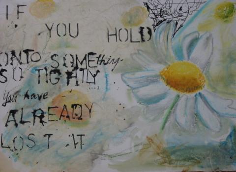 Hold On, 2002, Mixed Media; Oil Pastel, sepia ink, watercolor and rice paper on Paper, 8”x11”, Art by Caroline Z. Marcos