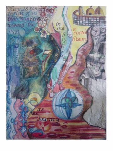 In Passing, 2008, Mixed Media Collage on canvas paper, 12"x24" SOLD, Art by Caroline Z. Marcos