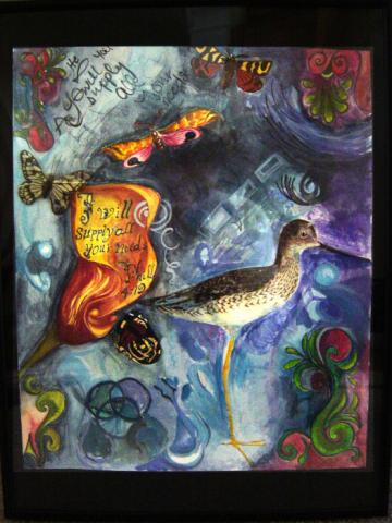 I will provide all your needs, 2008, 11x14unframed, 12x16 framed Mixed Media collage; Guoache, acrylic gel transfer, Derwent Inktense water soluable pencils on paper, Art by Caroline Z. Marcos