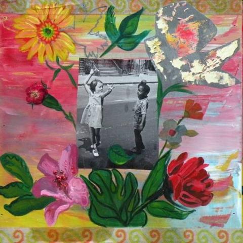 Joy, 2008, mixed media collage, acrylic paint, casein paint and paper collage on panel, 12"x12" SOLD, Art by Caroline Z. Marcos