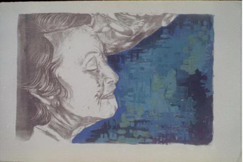 Teta and Gido I, 2002, Black and White Lithograph with Acrylic paint, 18”x 24”, Art by Caroline Z. Marcos