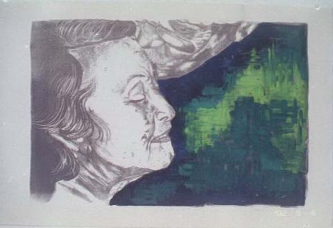 Teta and Gido II, 2002 lack and White Lithograph with Acrylic paint, 18”x24”, Art by Caroline Z. Marcos