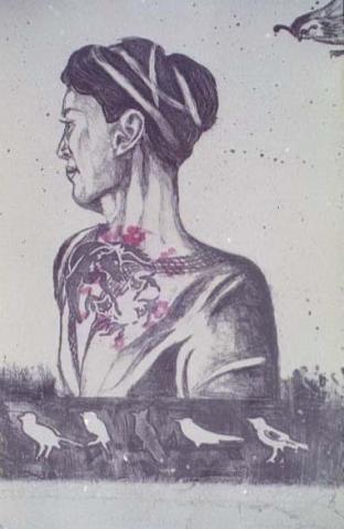 Memory II, 2001, Black and White Lithograph with “Chinochole”, 11'x14', Art by Caroline Z. Marcos
