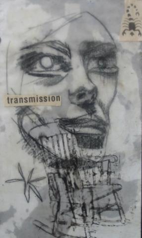 Transmission, 2002,B&W pencil, encaustic beeswax and photocopy transfer on paper, 6"x9", Art By Caroline Z. Marcos
