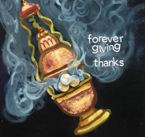 Forever Giving Thanks, 2008, Mixed Media: Acrylic Paint, metal, gold leave on panel, 12"x12", Art by Caroline Z. Marcos