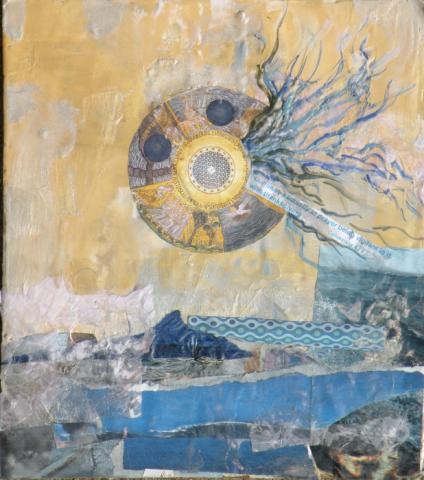 Vigilant with Thanksgiving, 2009, Encaustic collage on cardboard, 11"x14" SOLD, Art by Caroline Z. Marcos