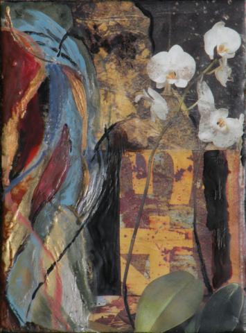 Untitled, 2009, Encaustic Paint and Collage on Board, 6"x9", Art by Caroline Z. Marcos