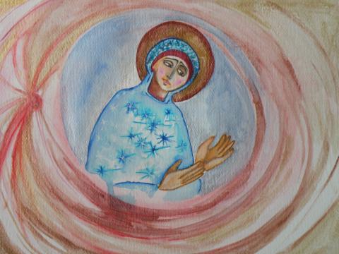 My soul magnifies the Lord, 6"x9", Mixed Media: Watercolor and Mica on Paper, 2003, Art by Caroline Z. Marcos