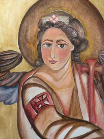Angel, 12"x18", Mixed Media: Egg tempera, watercolor, Mica paint on Paper, 2004, Art by Caroline Z. Marcos