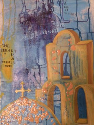 My heart is a wrinkled mast, 18"x24", Mixed Media: Acrylic paint, Acrylic Ink, stamp ink, eggshells on canvas. 2009, Art by Caroline Z. Marcos