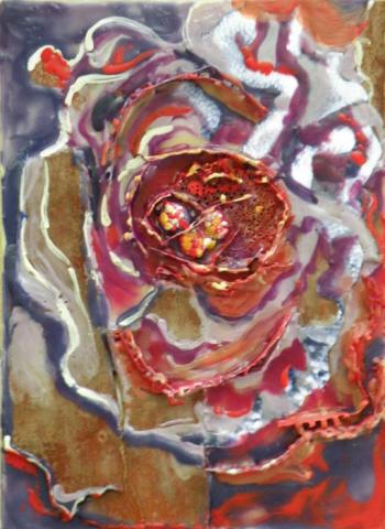 Bloom, 8"x11", Mixed Media: Encaustic, bark, Paper, Marble o Panel. 2009, Art by Caroline Z. Marcos