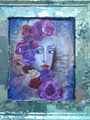 Untitled, 24"x30"' acrylic on canvas and mixed media collage: paper,eggshells, encaustic,branches on panel. summer 2011, Art by Caroline Z. Marcos