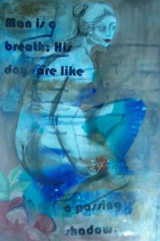 Man is a passing shadow 12"x18", mixed media: charcoal, mica, ink&guoash, Art by Caroline Z. Marcos