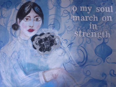 Strength.  16"x20"; mixed media: acrylic paint, paper collage,oil pastel on canvas. Art by Caroline Z. Marcos