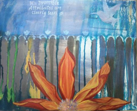 His Invisible Attribues are Clearly Seen. Acrylic Paint and Ink on Canvas. 16"x20", Art by Caroline Z. Marcos