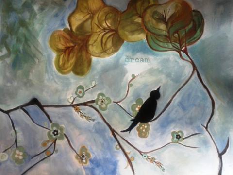 Dream, 18"x24", Mixed Media; Watercolor, Guoache, Mica, Casein and Rub on transfers on Cold Press Watercolor Paper. SOLD, Art by Caroline Z. Marcos