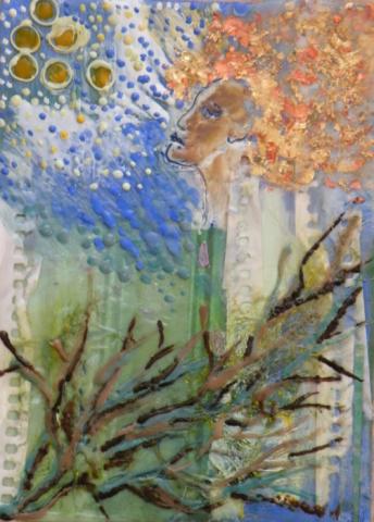 Golgotha, 6"x9", Mixed Media: Encastic, Paper, Mica on Panel, 2009. SOLD, Art by Caroline Z. Marcos