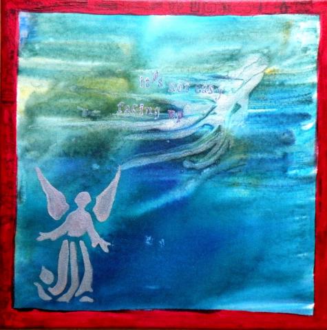 Its not easy facing up, 12"x12" Watercolor and Mica paint on "Yes canvas". 2009, SOLD, Art by Caroline Z. Marcos