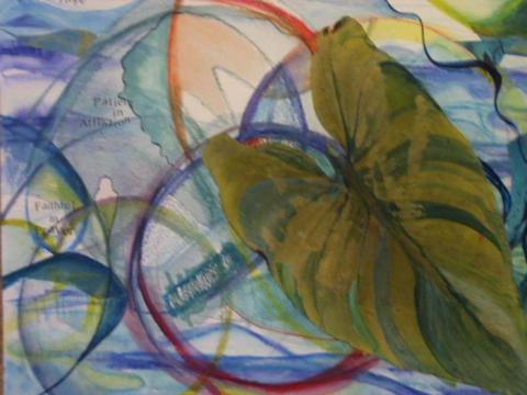 Joyful in Hope, Patient in Affliction; Faithful in Prayer, 2005,Mixed media, watercolor, leaf, paper, 16'x18", SOLD, Art by Caroline Z. Marcos
