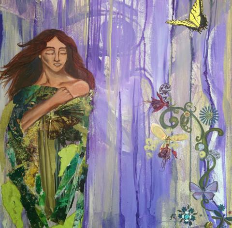 Majestic, 18" x18" Mixed media acrylic paint, dried flowers, moss, sand, feathers, paper, Pitt pen on canvas, Spring 2014, Art by Caroline Z. Marcos