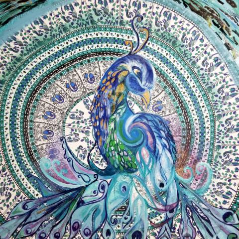 Majesty, 48"x48", Mixed Media; acrylic,fabric, paper collage on canvas