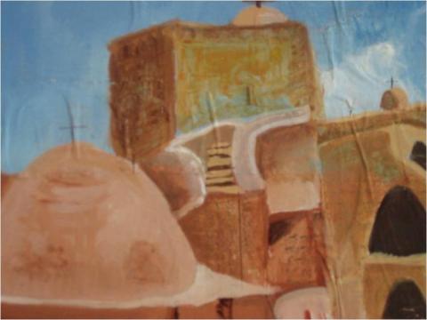 Holy Place, 2004, Guoache, paper from book of hours on canvas panel, 8"x11", Art by Caroline Z. Marcos