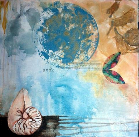 Seek, 20"x20" Mixed Media; Acrylic, Paper, Guoache and Watercolor on Canvas, Art by Caroline Z. Marcos
