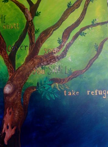 Take Refuge, 24" x 36", Mixed Media: Acrylic & Bark Collage on Canvas