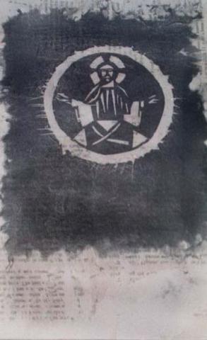 Pantocrator, 2002, Rice Paper woodcut collaged on wood, 11"x14", Art by Caroline Z. Marcos