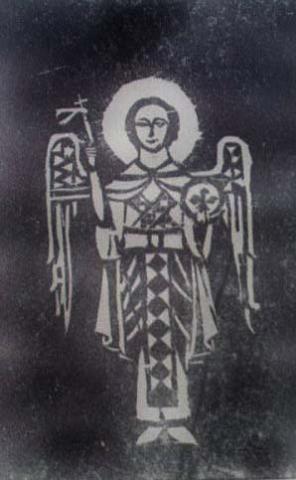 Archangel Michael, 2000 Woodcut on Japanese Rice Paper, 8”x10”, Art by Caroline Z. Marcos