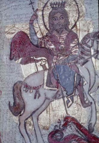 St. George from the Monastary of St. Anthony Wall Paintings, 2002, Oil on Gold Leaf and Collage on Board, 6"x9", Art by Caroline Z. Marcos