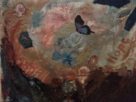 Joyful in hope, summer 2011; mixed media encaustic collage, Art by Caroline Z. Marcos