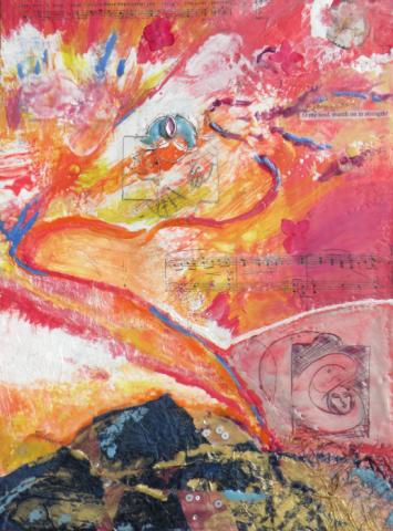 O My Soul March on in Strength, 2009, Encaustic Paint on Panel with collage, 16 1/2'x 11 1/2", Art by Caroline Z. Marcos