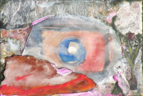 Untitled, 2009, Bark, Collage and Encaustic Paint on Wood, 4"x6", Art by Caroline Z. Marcos