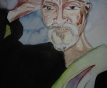 Abouna Yustus, 2002, watercolor on paper, 9"x10", Art by Caroline Z. Marcos