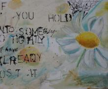 Hold On, 2002, Mixed Media; Oil Pastel, sepia ink, watercolor and rice paper on Paper, 8”x11”, Art by Caroline Z. Marcos