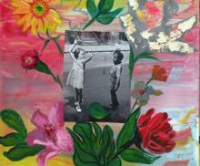 Joy, 2008, mixed media collage, acrylic paint, casein paint and paper collage on panel, 12"x12" SOLD, Art by Caroline Z. Marcos