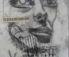 Transmission, 2002,B&W pencil, encaustic beeswax and photocopy transfer on paper, 6"x9", Art By Caroline Z. Marcos