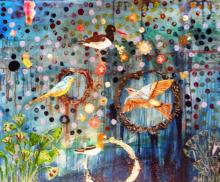 Boundaries, 2009, Mixed Media: Collage, acrylic, shells, beads, 30"x40", Art by Caroline Z. Marcos