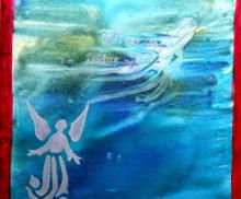 Its not easy facing up, 12"x12" Watercolor and Mica paint on "Yes canvas". 2009, SOLD, Art by Caroline Z. Marcos