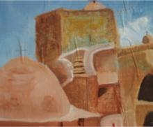 Holy Place, 2004, Guoache, paper from book of hours on canvas panel, 8"x11", Art by Caroline Z. Marcos