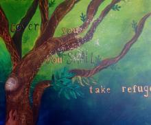 Take Refuge, 24" x 36", Mixed Media: Acrylic & Bark Collage on Canvas