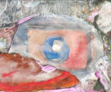 Untitled, 2009, Bark, Collage and Encaustic Paint on Wood, 4"x6", Art by Caroline Z. Marcos